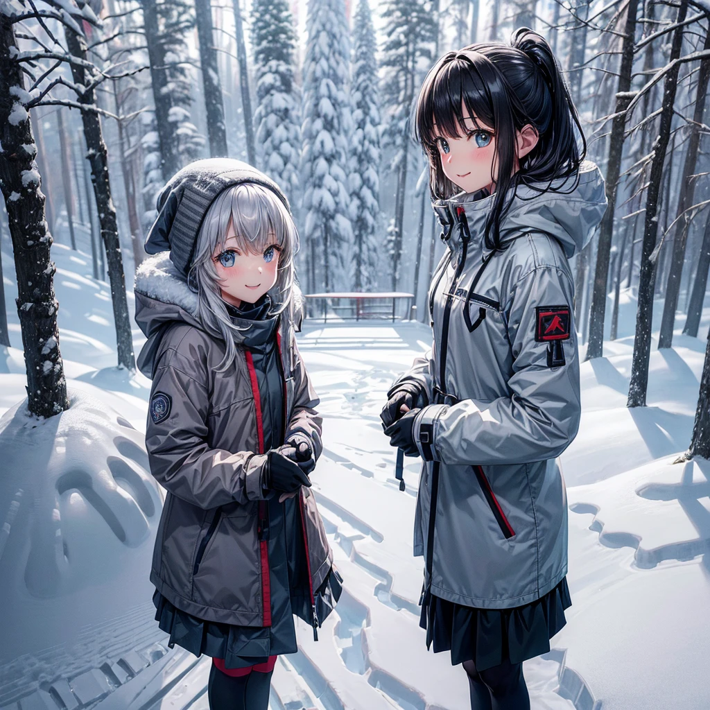 anime, Tabletop, Highest quality, 8k_wallpaper, (Beautiful Eyes), ((Snow is piling up)), cute, (Grayware、The outerwear is grey、Lower Gray), (Slope with big trees),One Girl,small ,1 female student、smile,(Slope with big trees)、(((Snow as far as the eye can see)))、Ski resort on a sunny day、snow board、(((Girl Standing On Top Of A Mountain)))(((snow boardを着る)))、