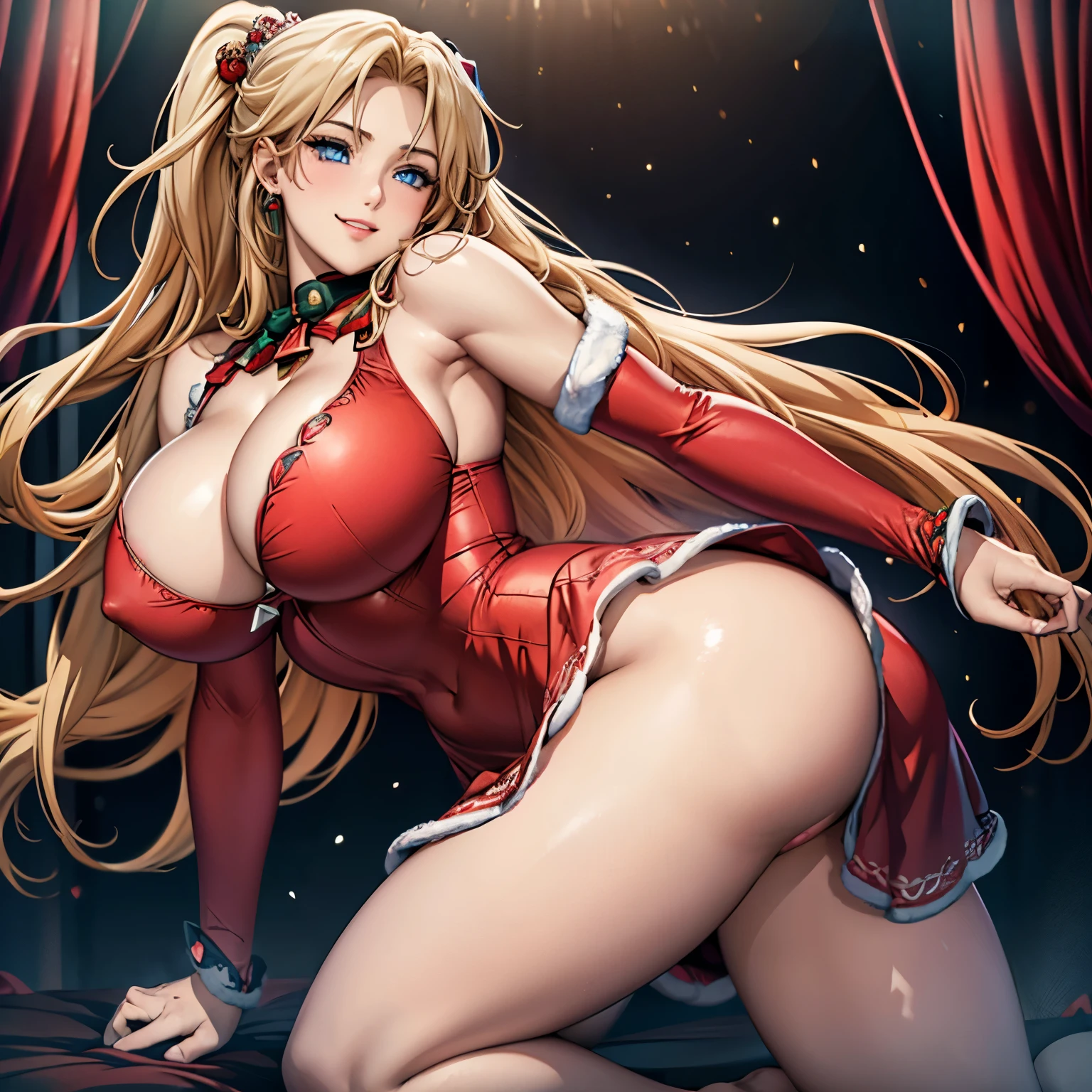 ((best quality)), ((masterpiece)), (detailed), perfect anatomy, highly detailed hands, highly detailed human ears, highly detailed face, highly detailed eyes, highly detailed nose, highly detailed mouth, highly detailed hair, highly detailed skin,a 1 girl,long straight blond hair,sky-blue eyes,athletic,self-confident smile,a single red rose as an hair ornament,coral color lipstick(Raw photo:1.2), (Photorealistic), Beautiful detailed girl, Very detailed eyes and face, Beautiful detailed eyes, Huge file size, High resolution, Very detailed, Best Quality, [masterpiece:1.6], Illustration, Very detailed, Fine detail, Best Quality, 32K Wallpaper, intricate details, long hair, side ponytail, hair ornament, ((Santa Claus Costume,micro mini skirt)), Sleeveless Bodysuit, thighs exposed, Smiling, Tongue out, Perfect, masutepiece, super-fine, (Best Quality), Physically-based rendering, extreme detail description, huge breast, exposed large cleavage, full body view, exposed naked thick thighs, well detailed hands and fingers, standing on her knees, view from behind, exposed ass,
