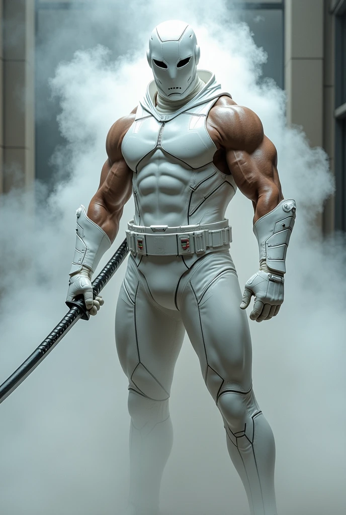 Muscular man in white combat suit with white mask with black eyes has steam on his body holding a katana