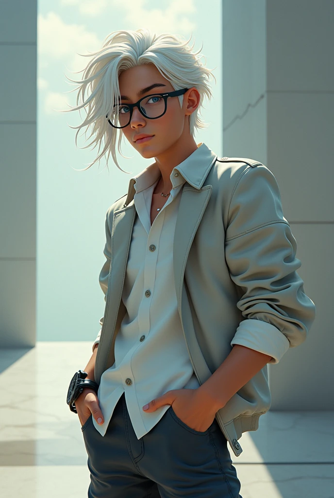 ((best quality)), ((masterpiece)), (detailed), Cool boy pose y2k white long hair wear glasses