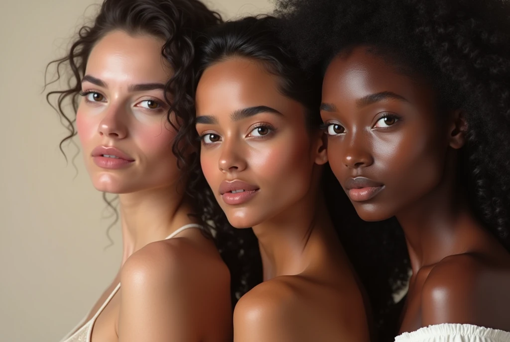 "Create an artistic image featuring three women with different skin tones: one fair, one medium, and one dark. Each woman should be portrayed in a way that highlights her natural beauty with elegant and radiant expressions. Ensure that the image reflects confidence and individuality. Use a soft and neutral background to enhance the focus on the women. Include the text at the top: 'Aakhir Kaise Lagti Hai Auratein Har Rang Mein Itni Khubsurat?' in a larger, elegant, modern font. For the remaining text, make it slightly smaller and in a complementary color."