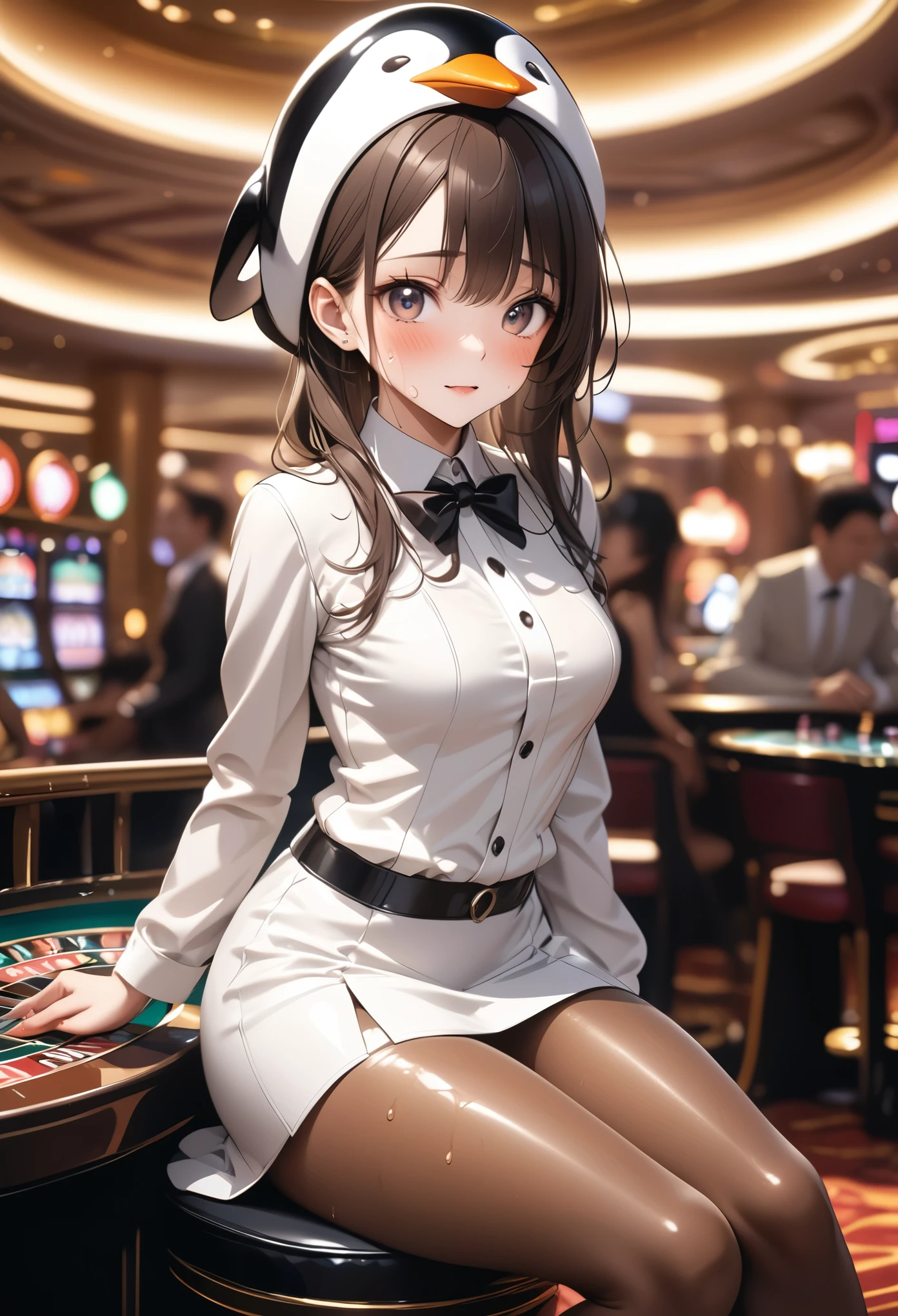 (((Wearing a penguin-colored costume, Leather panties, skirt, Pantyhose, Stiletto heels, Penguin hat))), ((Shiny Costumes)), skindentation, skinny, solo, 1 woman, Masterpiece, highest quality, highest quality, 16K, incredibly absurd, highly detailed, 2.5D, ai-generated, delicate and dynamic, very delicate facial expressions, delicate eye depiction, erotic, only sexy woman, ((A cute and kind face)), healthy figure, ((1 woman)), 160cm tall, medium firm swaying bust, Dark Hair, blush, Sweat,Embarrassed,sexy, ((thin thighs)), shiny and lustrous, facing straight at viewer, (((in heat))), ((Oily_skin)), ((Lots of sweat)), (((Brown Skin))), ((dutch angle)), ((erotic pose)), (((Dynamic Pose))), ((Being or sitting at the casino)),