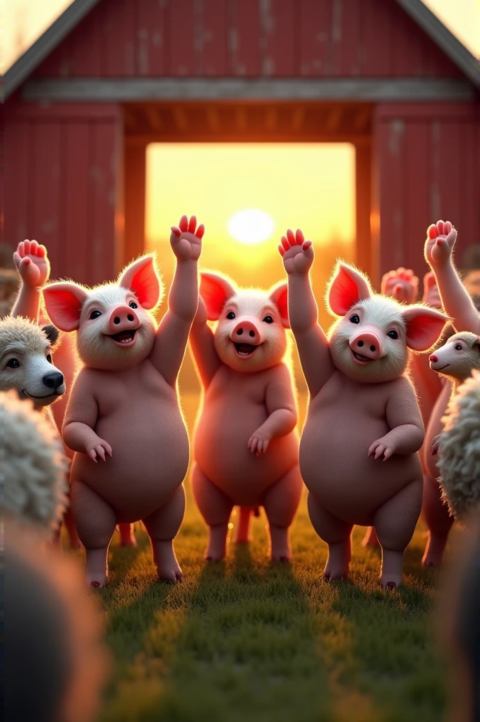 a group of animals, led by pigs, raising their paws in a gesture of celebration and unity in front of a barn, with the sun rising on the horizon.