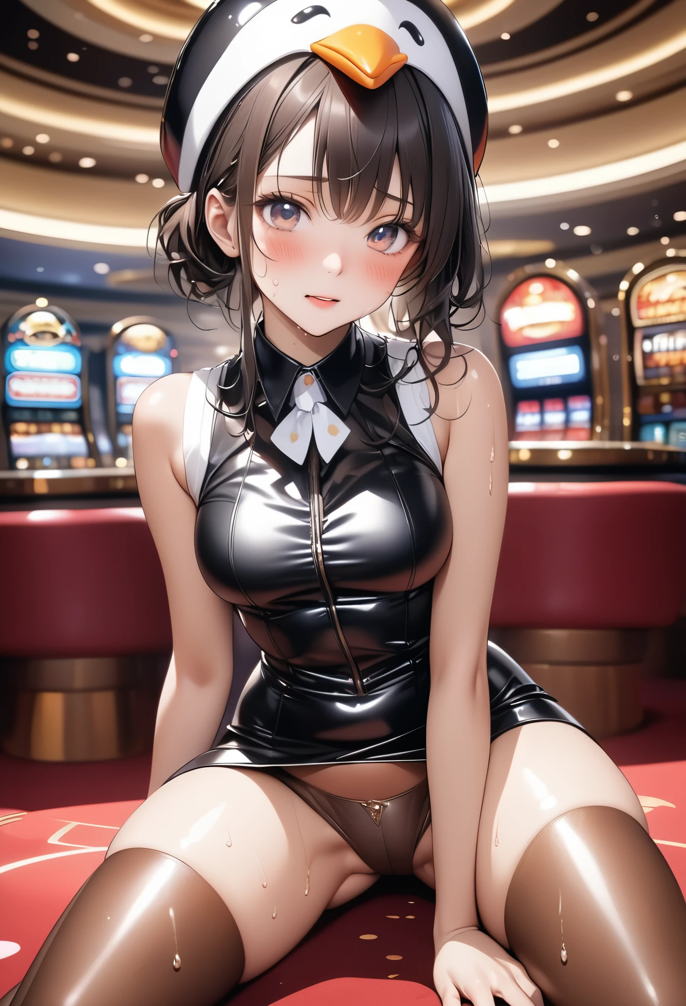 (((Wearing a penguin-colored costume, Leather panties, skirt, Pantyhose, Stiletto heels, Penguin hat))), ((Shiny Costumes)), skindentation, skinny, solo, 1 woman, Masterpiece, highest quality, highest quality, 16K, incredibly absurd, highly detailed, 2.5D, ai-generated, delicate and dynamic, very delicate facial expressions, delicate eye depiction, erotic, only sexy woman, ((A cute and kind face)), healthy figure, ((1 woman)), 160cm tall, medium firm swaying bust, Dark Hair, blush, Sweat,Embarrassed,sexy, ((thin thighs)), shiny and lustrous, facing straight at viewer, (((in heat))), ((Oily_skin)), ((Lots of sweat)), (((Brown Skin))), ((dutch angle)), ((erotic pose)), (((Dynamic Pose))), ((Being or sitting at the casino)),