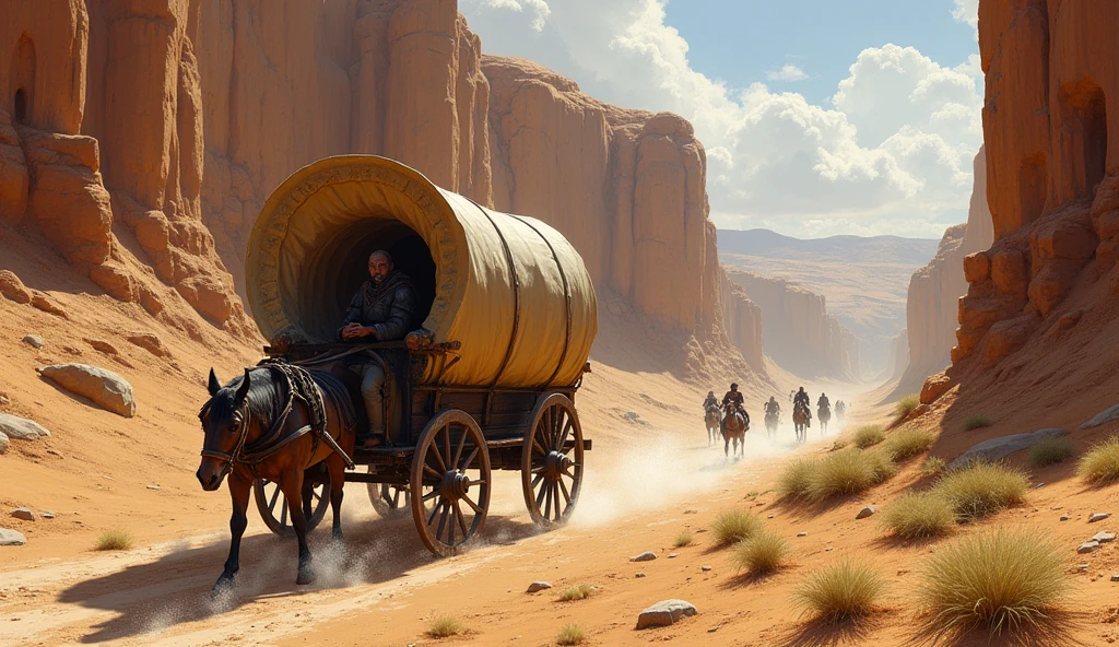 medieval action, wagon speeding through a gorge in the desert, concept art colored sketch draw, dark soul