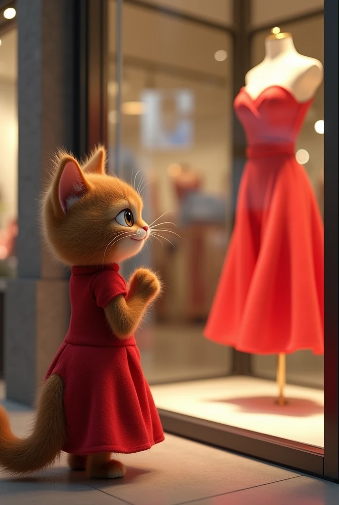 A brown AI female cat in red dress wants dress which is present on outlet