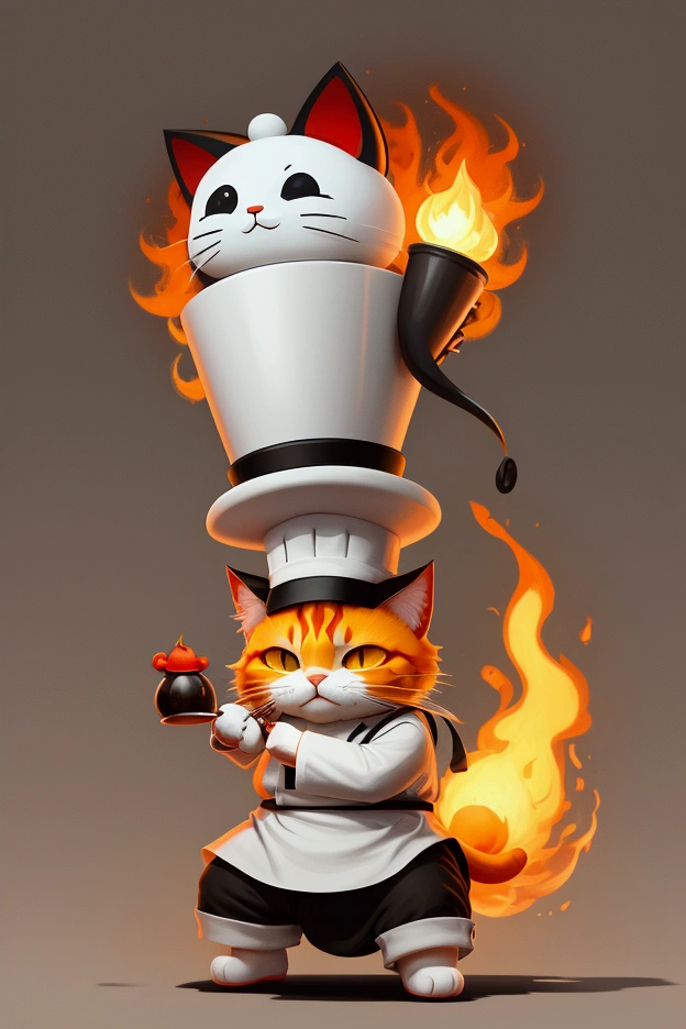 simple art logo style illustration of lucky cat with chef hat who eat pepper and have his chat hat in fire