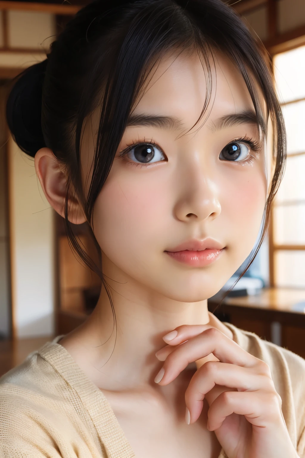 (Beautiful Japanese Women), Cute Face, (Deeply chiseled face:0.7), (freckles:0.6), Soft Light,Healthy white skin, shy, ponytail, (Serious face), (Sparkling eyes), thin