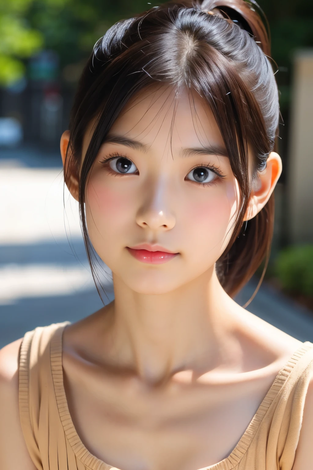 (Beautiful Japanese Women), Cute Face, (Deeply chiseled face:0.7), (freckles:0.6), Soft Light,Healthy white skin, shy, ponytail, (Serious face), (Sparkling eyes), thin