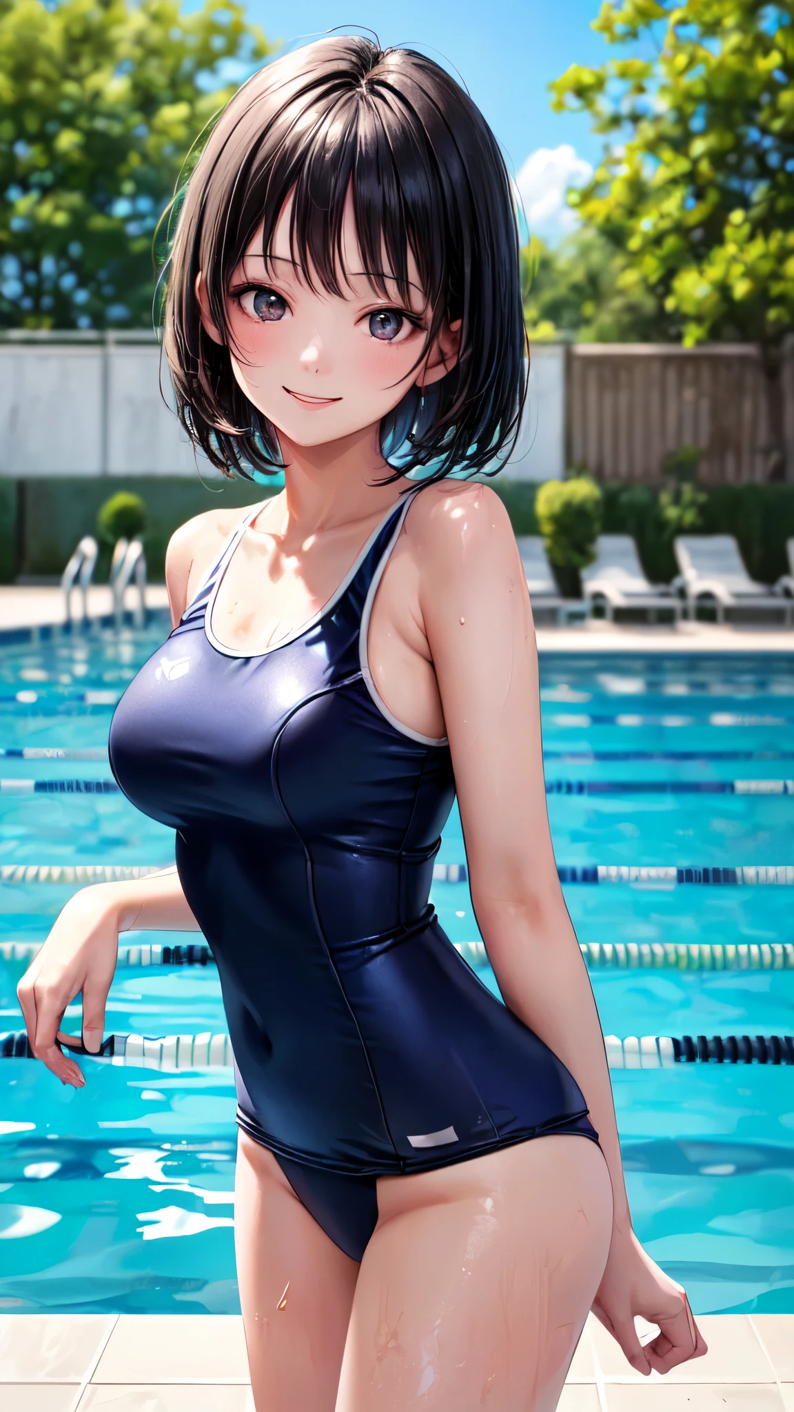 ((masterpiece,best quality,ultra detailed,high resolution)),(daytime,clear weather,bloom),((solo,woman)),looking viewer,(black hair,straight hair),(finely detailed skin,fair skin),slender,smile,(school swimsuit),(on the pool,beautiful sky),medium breast,from front,