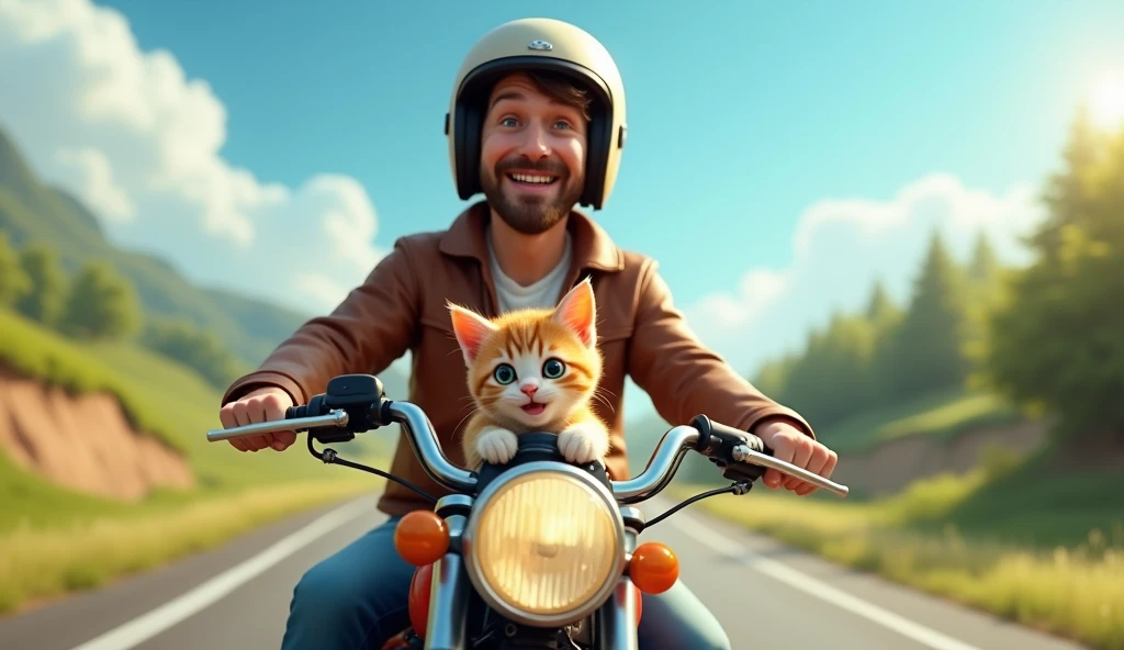 Father and cute kitten are riding a motorbike on the highway with cheerful faces, make photos realistic