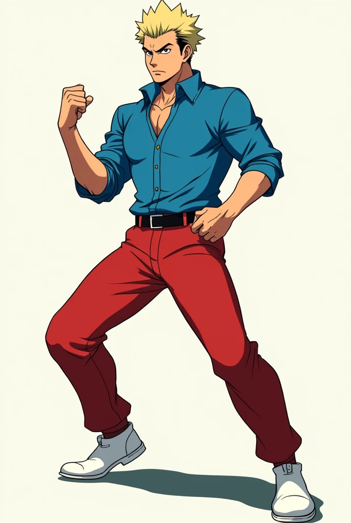 a man with a blue blouse, red pants, white shoes, in a fighting pose (anime: jujutsu kaisen gojo)