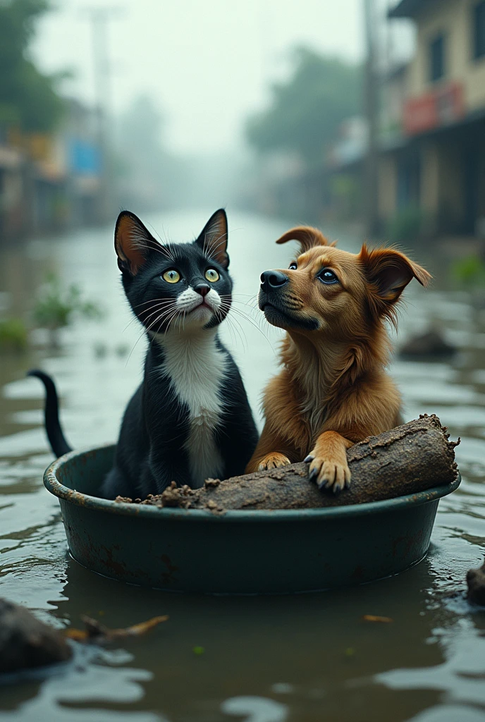 Generate an image where a cat of Indian breed trying to save him from the flood floating in a bowl in Bangladesh flood while a dog of indian breed trying to hold on to a log crying for help.
Both are cute