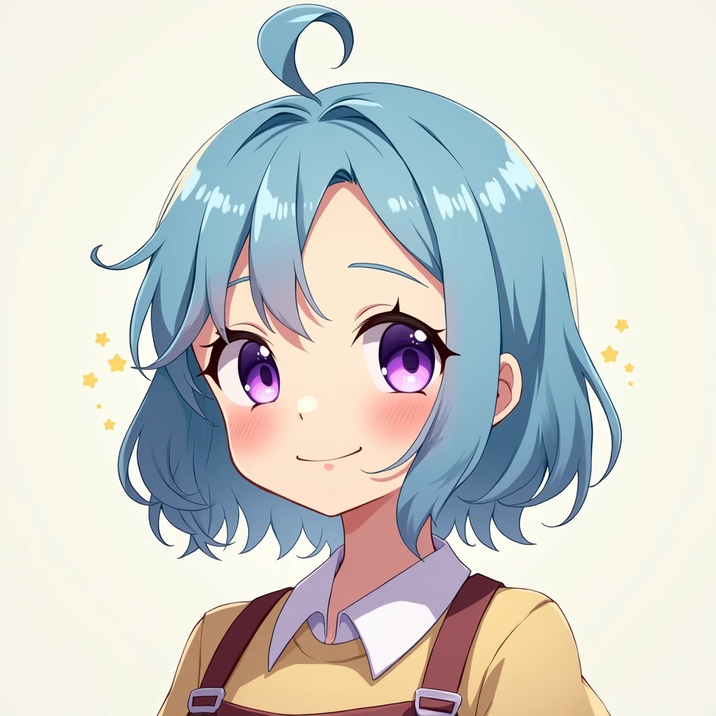 smile, Anime Style, Character portrait, Florist,Ahoge, Shiny Hair, Bob Hair, Eyes are symbols, Blue Hair/Light blue hair, Purple eyes, 