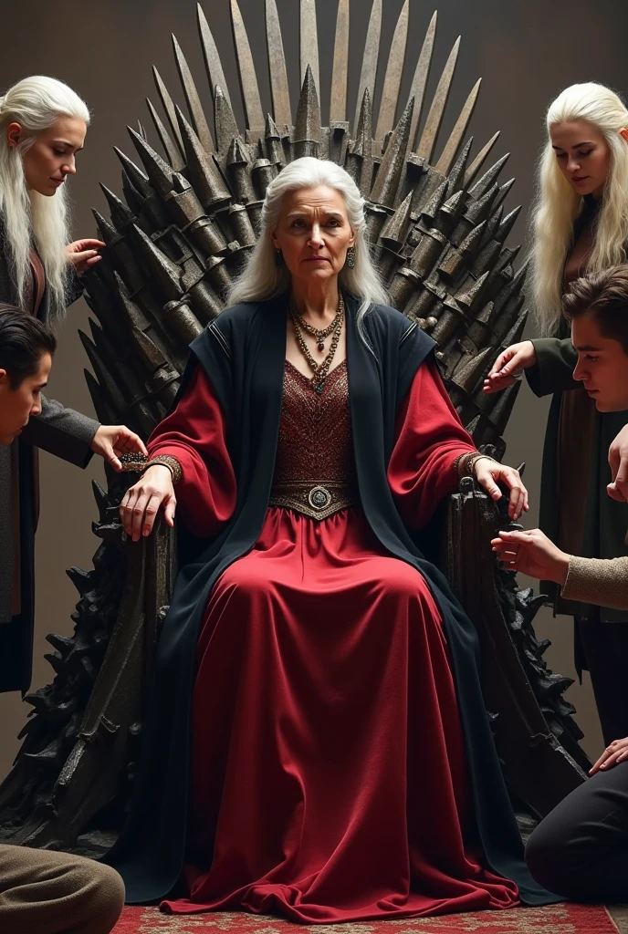 a smiling queen with slightly dark white hair and a defined face, 40 years old, red and black clothes on the iron throne and a man and a woman with white hair playing with a crown and commoners kneeling