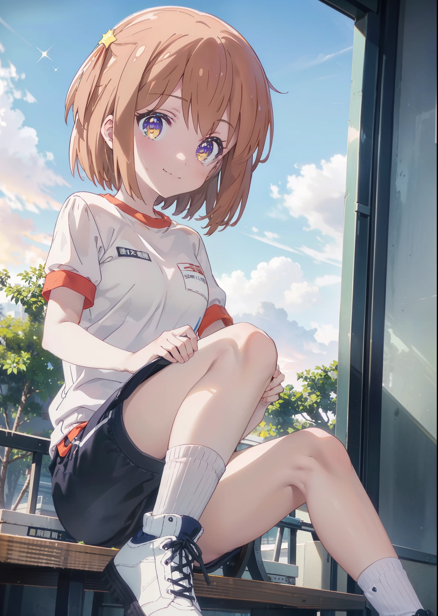 Mira Konohata, evening,Sunset sky,Seaside,orange clouds,Check it out, short hair, bangs, orange hair, (Purple eyes:1.2),(Gym clothes with short sleeves:1.5), Gymnastics, (Girl wearing gym clothes), (Girl in gym clothes), Sportswear, Blue_Shorts, White knee-high socks,sit down,sitting,White_sneakers, White_sports boots,Daytime,Clear skies,Palm tree,Walking,smile,Close your mouth,blush,whole bodyがイラストに入るように,Focus on shoes,
BREAK outdoors, tropical,Tropical,Coastal Road,
BREAK looking at viewer, whole body,
BREAK (masterpiece:1.2), Highest quality, High resolution, unity 8k wallpaper, (figure:0.8), (Beautiful attention to detail:1.6), Highly detailed face, Perfect lighting, Highly detailed CG, (Perfect hands, Perfect Anatomy),