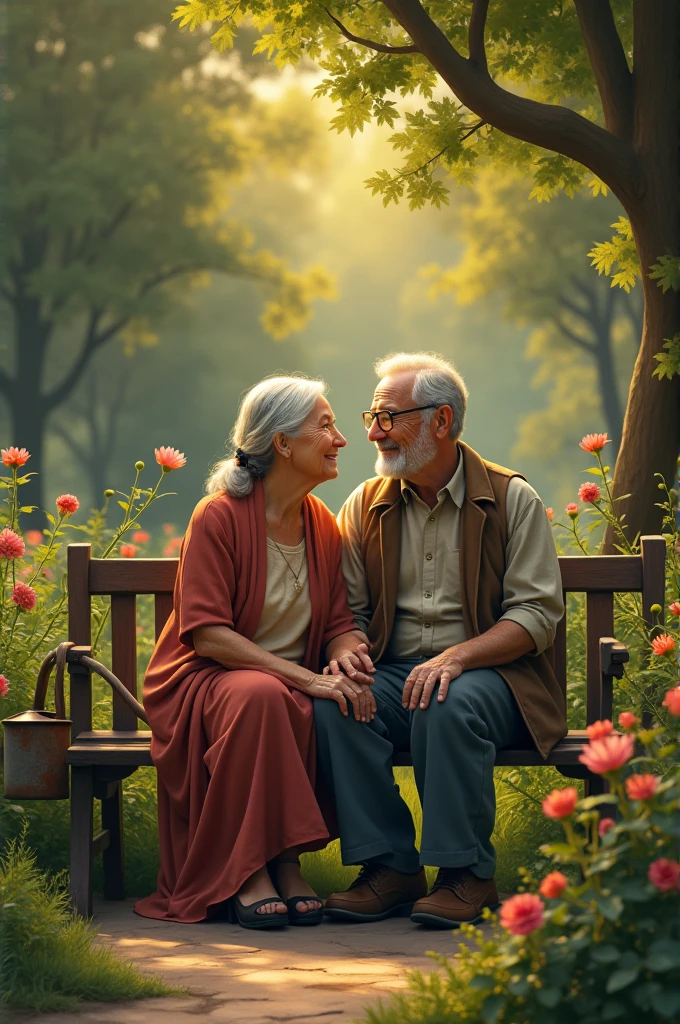 A old couple, sitting evening time , in garden,