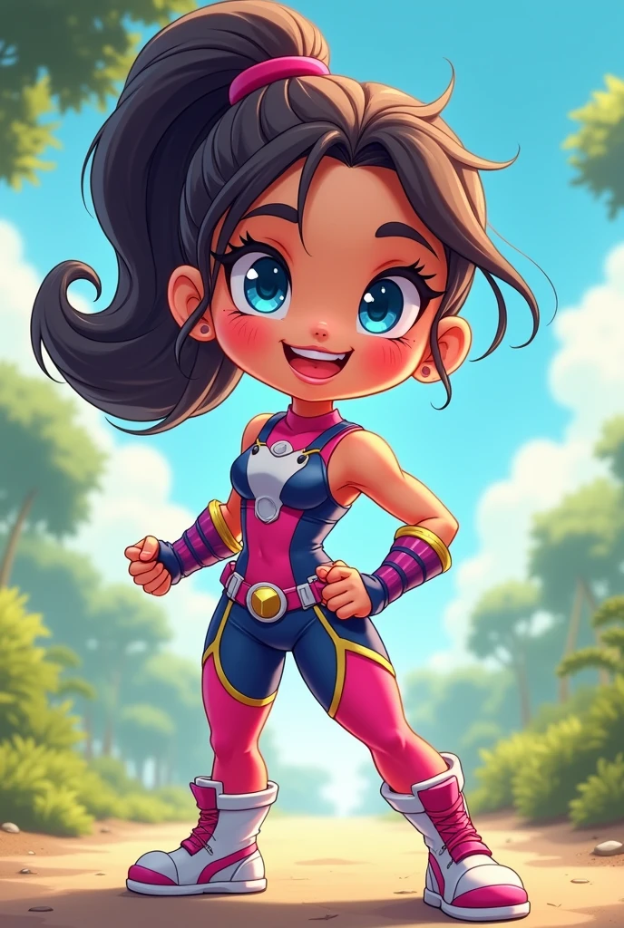 Chibi, fitnes girl, sexy, cute, happy, blue eyes, sunnny day, power rangers latex clothes,