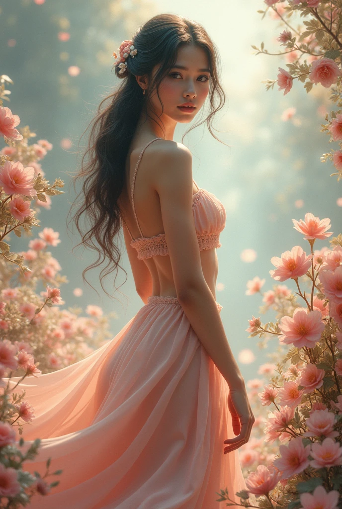 a beautiful young woman, detailed face, long eyelashes, alluring gaze, flowing long hair, graceful pose, hip-high skirt, tight fitting top, perfect figure, intricate floral patterns, dreamlike fantasy landscape, ethereal lighting, pastel color palette, cinematic composition, (best quality,4k,8k,highres,masterpiece:1.2),ultra-detailed,(realistic,photorealistic,photo-realistic:1.37),fantasy,digital painting Ladyboy