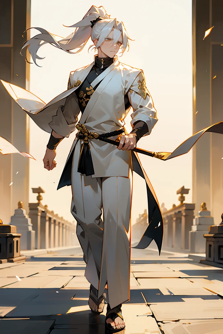 1male , Pale Blonde White Hair , Ponytail , white and gellow haori , Fitted Turtleneck , Combat Clothing , Golden Eyes , Serious Expression , Perfect Generation , Adult Male , Muscular , Temple Background , Standing on Path