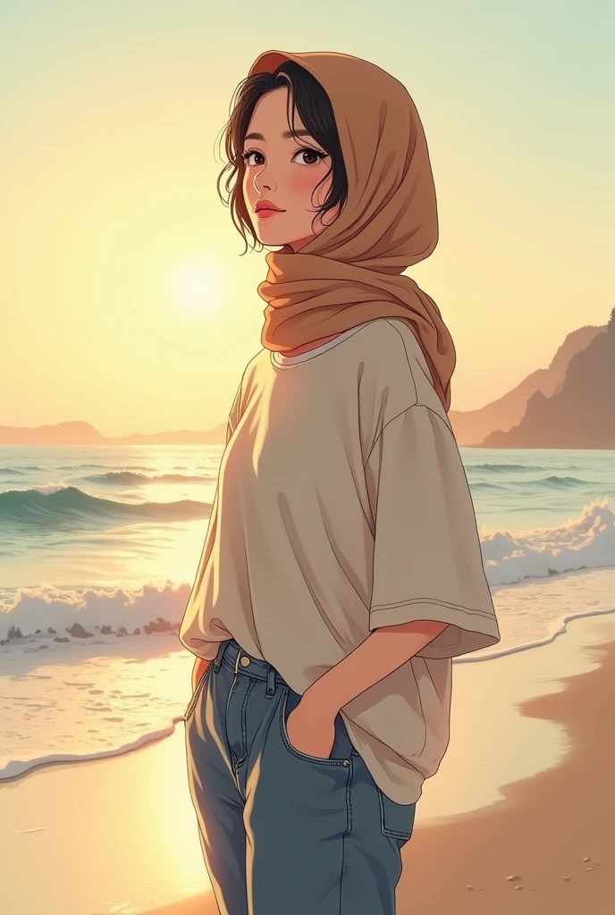 beautiful korean girl stand up atbeach, wearing hijab..wearing loose tshirt with hoodie, jeans pants, , , soft lighting, background a beach, have sunlight, relaxed pose, , warm color. anime versi.. sketch