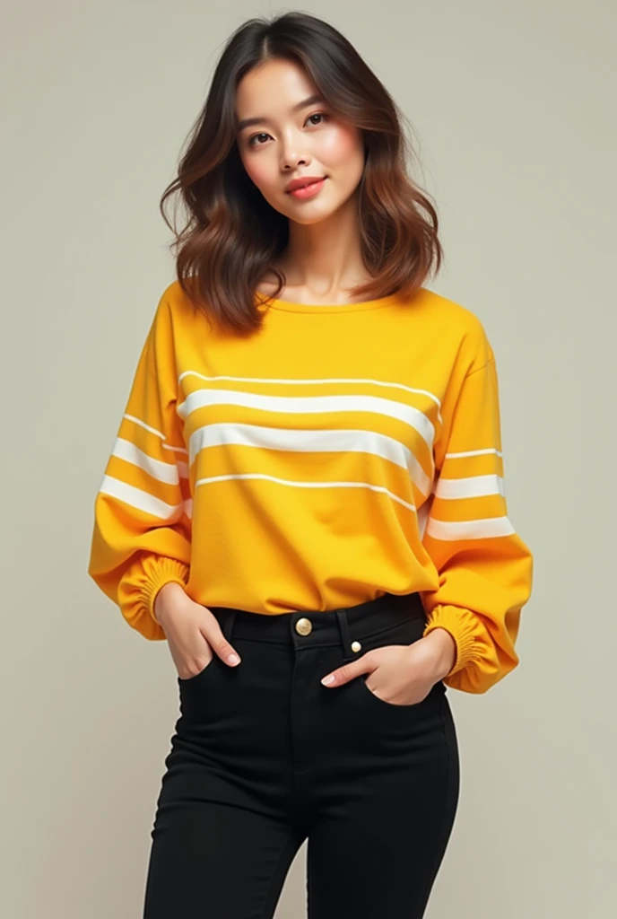 Make a young woman wearing a yellow blouse with white horizontal stripes, and black pants 