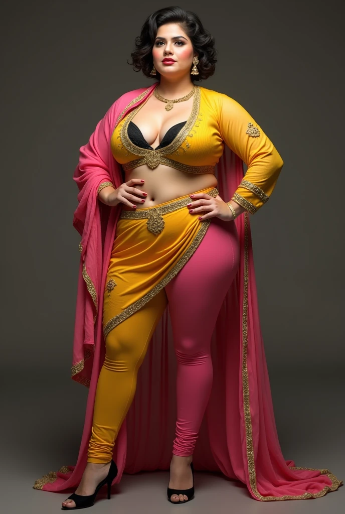 mature female, (full body:1.3), standing, eyeliner, (blonde hair updo), wearing pink giab_1, pink crop top shirt, red crop jacket, sheer harem pants with elastic cuffs, high heels, gold embroidery, hat, <lora:giab_1-15:0.6>, lake background