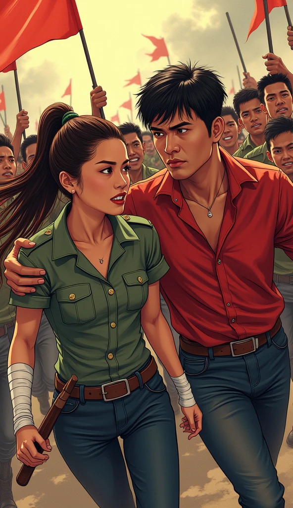 a revolution with a CHINESE female soldier with long tied up brown hair with bandages in a military uniform with a filipino man with black hair in a red shirt with filipinos and filipinas behind them 'comic art'