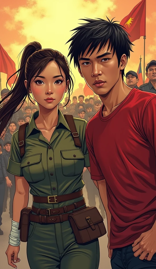 a revolution with a CHINESE female soldier with long tied up brown hair with bandages in a military uniform with a filipino man with black hair in a red shirt with filipinos and filipinas behind them 'comic art'