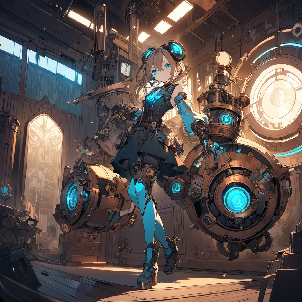 An anime-style illustration with a metallic color palette, set in a steampunk-themed room. The scene features a and beautiful girl-shaped android with a mechanical body. She has short hair with long locks, giving her a unique and futuristic look. Her heart is a mechanical creation, powered by a wind-up mechanism, and her innocent eyes glow with a radiant blue light. The overall atmosphere combines the intricate details of steampunk design with the delicate beauty of the android, emphasizing her blend of machine and humanity