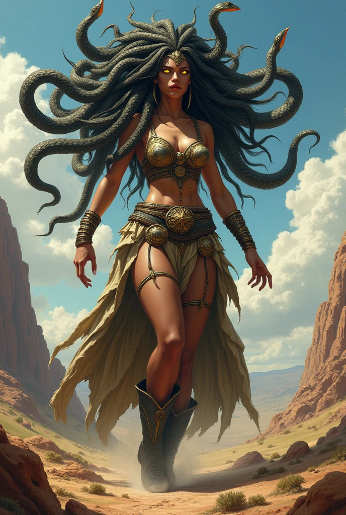 Queen Medusa in the sky，Stand on the edge of a cliff，Lateral face，Sexy figure，scantily clad，adorable expression