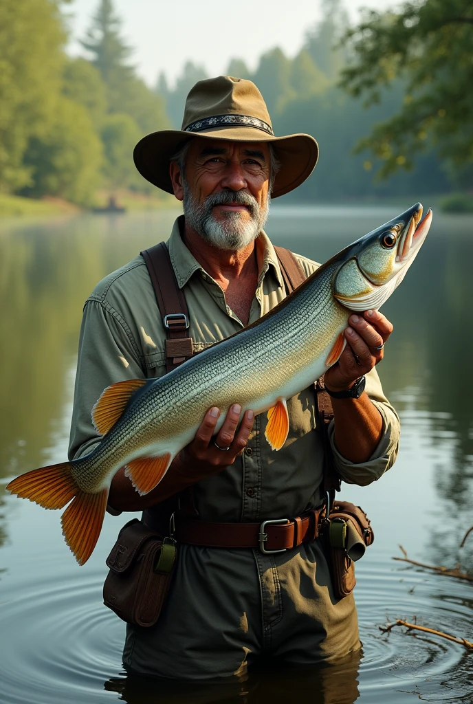 a fisherman holds a pike in his hands, a pond in the background
