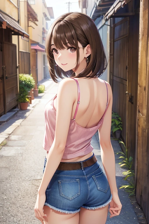 anegasaki nene、Shiny brown hair, short hair, (Beautiful brown eyes、Sparkling eyes, Fine grain)、smile、Ultra-detailed eyes、Highly detailed face, Highly detailed eyes,
(8k、Best image quality、Highest quality、masterpiece)、
short hair、Brown eyes、Earrings、((Pink camisole))、((Denim shorts))、Cowboy Shot、
((Back Alley Background))、((Browsing Caution))
