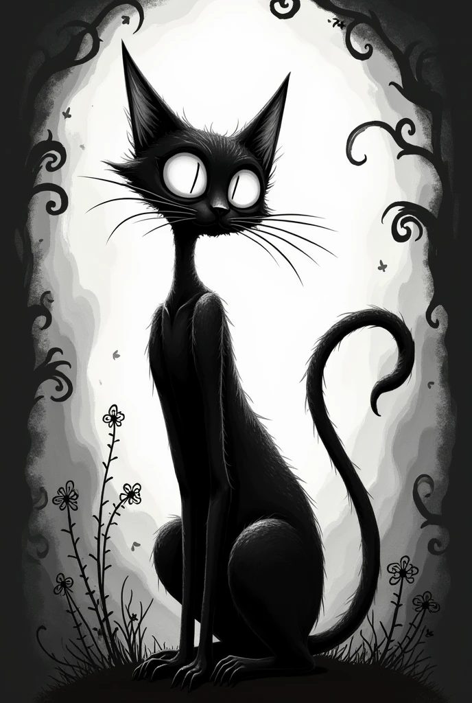 Cat design for black t-shirts Tim Burton style in black and white 