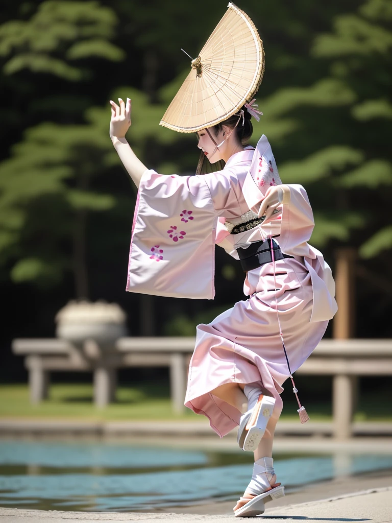 Photo-realistic quality、A woman wearing a pale pink kimono and a hat is in the park, traditional Japanese kimono, A professional masterpiece, Beautiful images, Japanese Model, Traditional Japanese Kimono Japanese Bon Odori,A soft and gentle look、Woman dancing Awa Odori、White Arms、Wearing black clogs