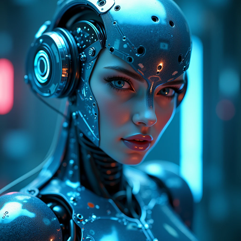 a sexy female robot,glossy metallic body, glowing blue circuitry, beautiful detailed eyes,beautiful detailed lips,extremely detailed face and skin,long eyelashes,seductive pose,intricate mechanical details,futuristic sci-fi setting,dramatic lighting,cinematic composition,(best quality,4k,8k,highres,masterpiece:1.2),ultra-detailed,(realistic,photorealistic,photo-realistic:1.37),highly detailed, cinematic, dramatic lighting,vibrant neon colors