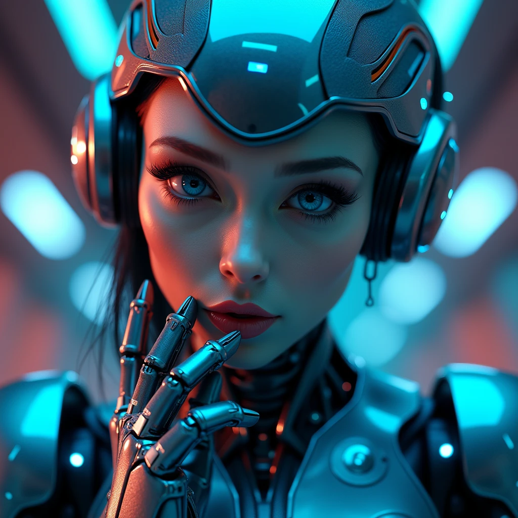 a sexy female robot,glossy metallic body, glowing blue circuitry, beautiful detailed eyes,beautiful detailed lips,extremely detailed face and skin,long eyelashes,seductive pose,intricate mechanical details,futuristic sci-fi setting,dramatic lighting,cinematic composition,(best quality,4k,8k,highres,masterpiece:1.2),ultra-detailed,(realistic,photorealistic,photo-realistic:1.37),highly detailed, cinematic, dramatic lighting,vibrant neon colors