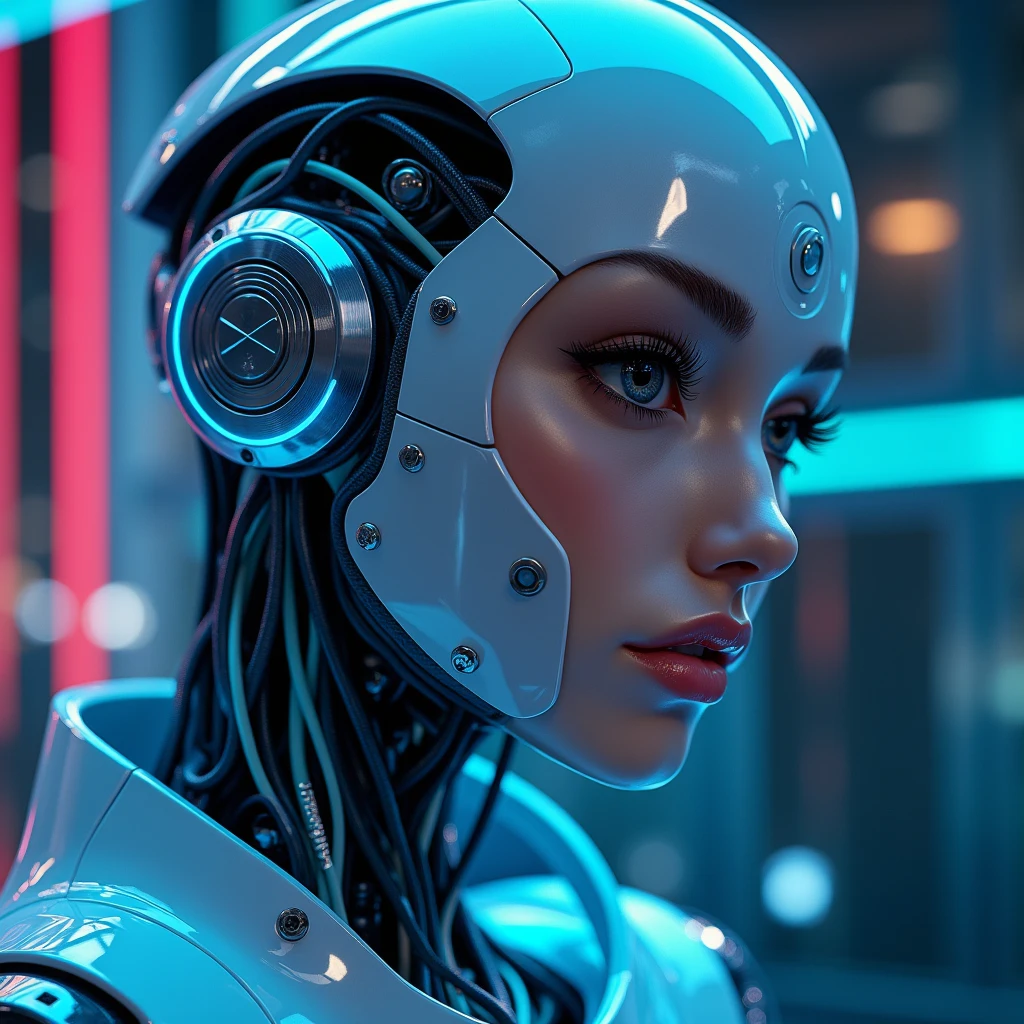 a sexy female robot,glossy metallic body, glowing blue circuitry, beautiful detailed eyes,beautiful detailed lips,extremely detailed face and skin,long eyelashes,seductive pose,intricate mechanical details,futuristic sci-fi setting,dramatic lighting,cinematic composition,(best quality,4k,8k,highres,masterpiece:1.2),ultra-detailed,(realistic,photorealistic,photo-realistic:1.37),highly detailed, cinematic, dramatic lighting,vibrant neon colors
