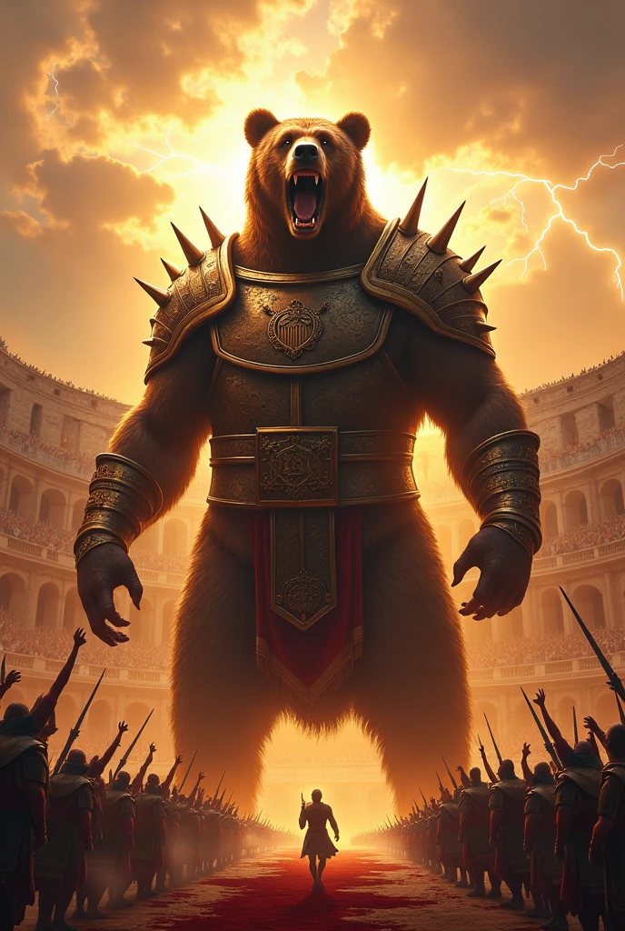 **Prompt**: "In the grand arena of the Roman Colosseum, a colossal brown bear, clad in elaborate gladiatorial armor, stands as a towering symbol of raw power and untamed ferocity. The bear's armor, forged from gleaming bronze and studded with ancient Roman insignia, covers its muscular frame, with jagged spikes jutting from its shoulders and a fearsome, battle-worn helmet encasing its head. Its eyes, glowing with a fierce amber light, pierce through the slits of the helmet as it lets out an earth-shaking roar that reverberates through the arena. The sun, setting in a fiery blaze, casts long shadows across the Colosseum, illuminating the bear in a golden halo that contrasts with the bloodstained sand beneath its feet. The crowd, a sea of togas and raised fists, roars in wild anticipation, their cries blending with the distant thunder of approaching storm clouds.
Opposite the bear, a line of elite Roman gladiators, their armor shining and weapons raised, prepares for an impossible battle. Lightning crackles in the sky above, briefly illuminating the scene in a blinding flash, as the heavens seem to mirror the intensity of the moment. The Colosseum itself, with its towering arches and ancient grandeur, becomes a cathedral of combat, where nature's might and human valor clash in an epic struggle. The bear, embodying both the majesty of the wild and the glory of the empire, stands as the ultimate challenger in this legendary, almost mythological, battle of the ages."