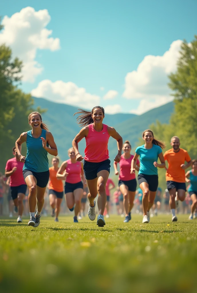 Peux-tu me créer une image représentant un cours collectif de sport en extérieur, avec l’art du triomphe