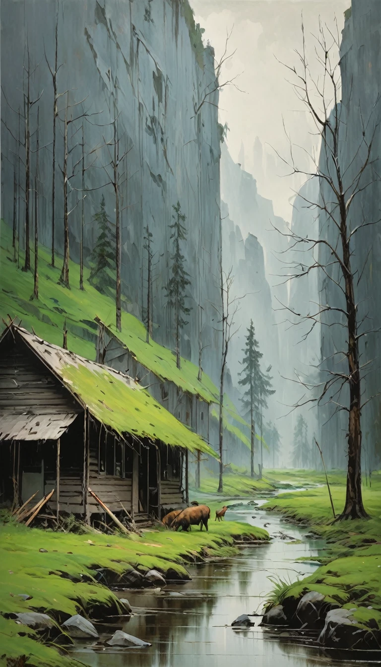 artist by Joseph Beuys,inside the village,wild animals,light tones,(smooth strokes),fine sketches,Vivid,Moody,Landscapes,Fantasy,Dark,landscape oil painting, red and green colors