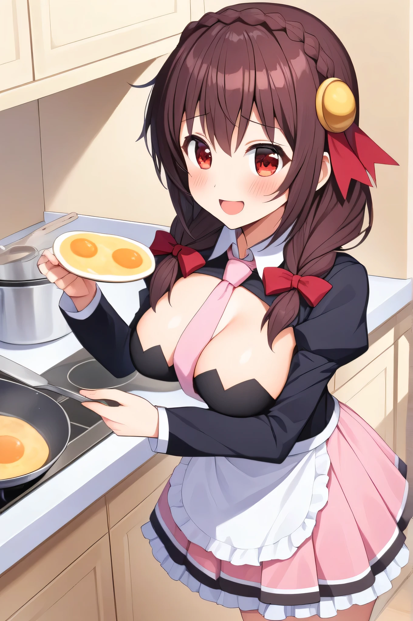 alone, One person, Yunyun, Happy expression、(blush:1.2)、Crown braids of the same color as your hair, Red Eyes、hair ornaments, Hair Ribbon, Pink tie, Black long sleeve, Pink Skirt, Knee socks, Cleavage,Making breakfast in the kitchen