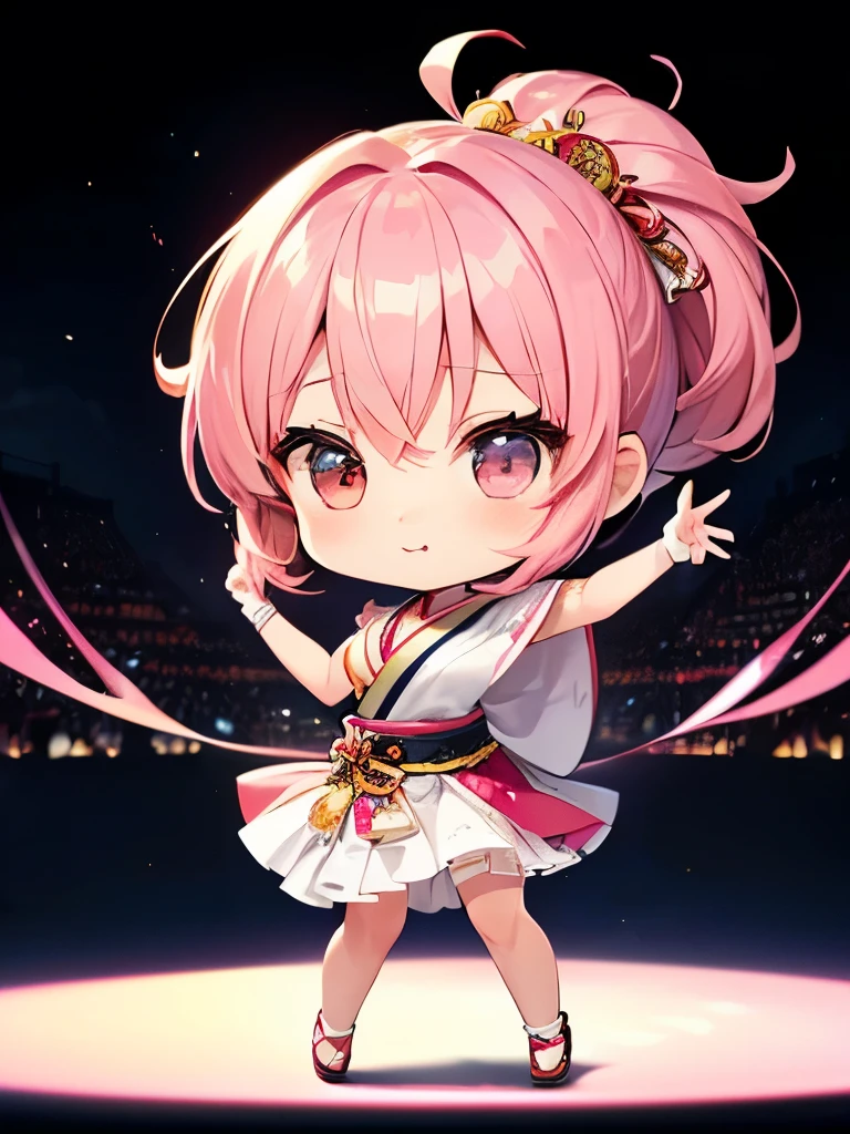 (((Dance Band)))、Pink-haired chibi character、A beautiful depiction using tens of thousands of colors、masterpiece、Ultra HD、super high quality、8k、(((ミキシングしながら踊ってるPink-haired chibi character)))、A delicate and cool sari-style outfit combined with a Japanese festival theme