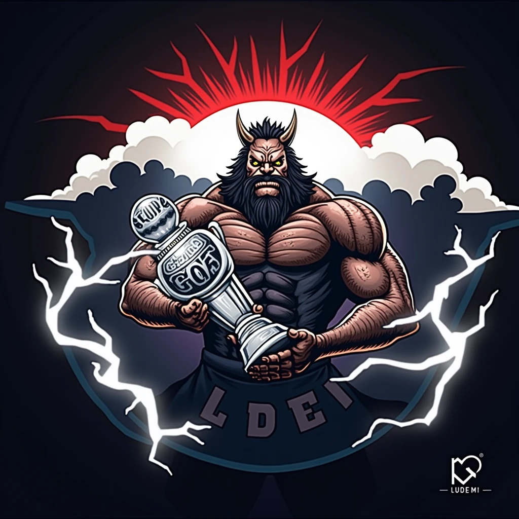 Create a sports logo with the name ALDEIA featuring a mascot of the thunder god Tupã holding a trophy that says goat inside.