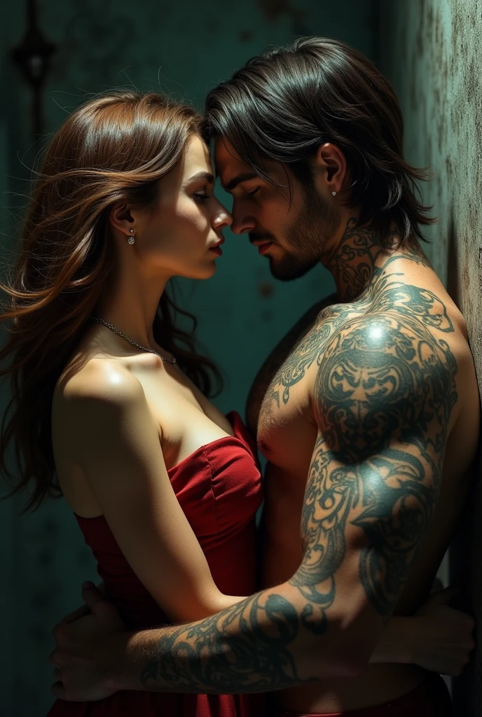 A brown haired woman along with a handsome man with medium hair and tattoos and looking like a psychopath