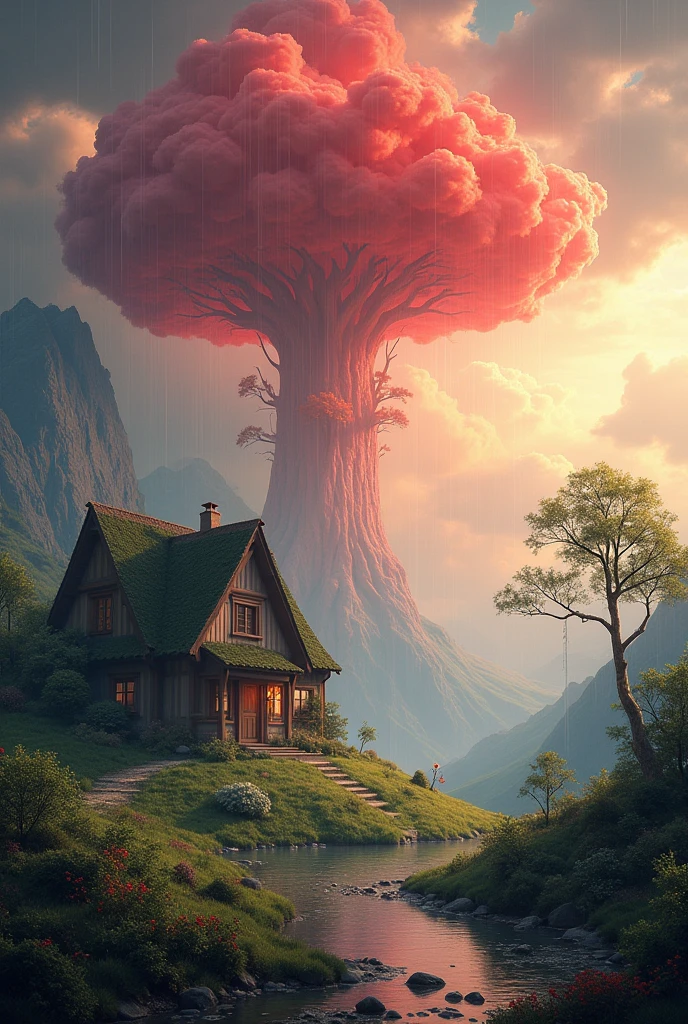 Landscape,house,red cloud,slowly rain,magical tree