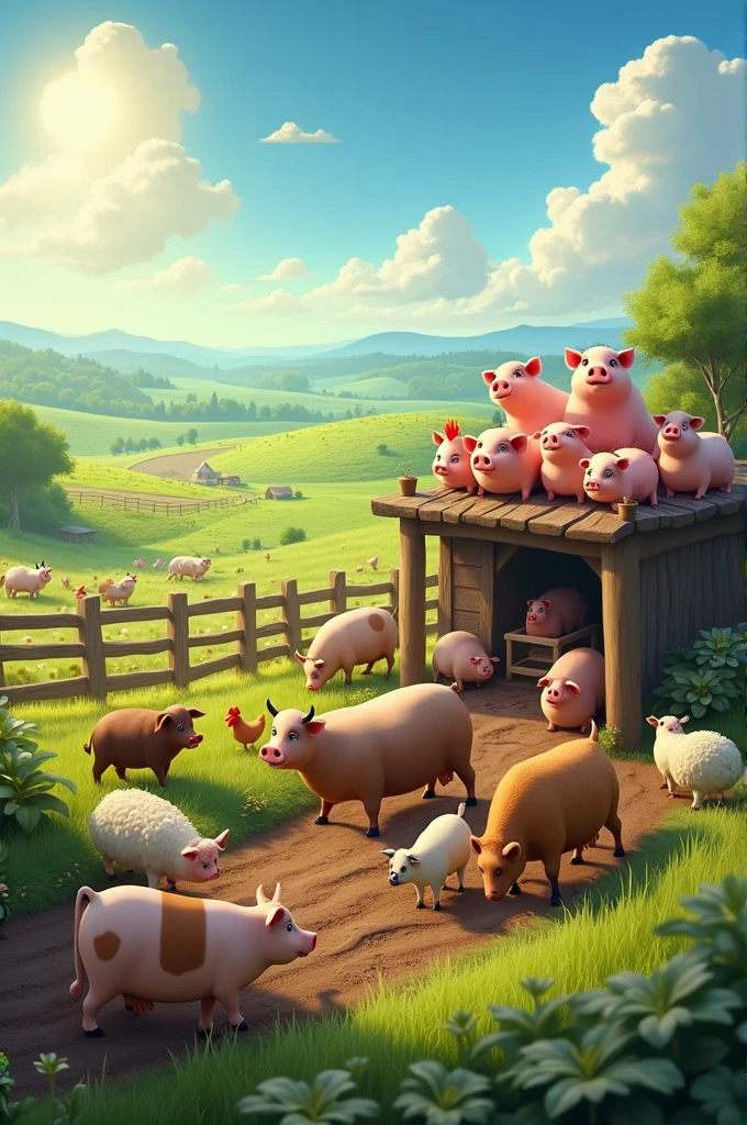 a group of animals working together in the field, with pigs supervising from a high place, while the sun shines on a green and fertile landscape.