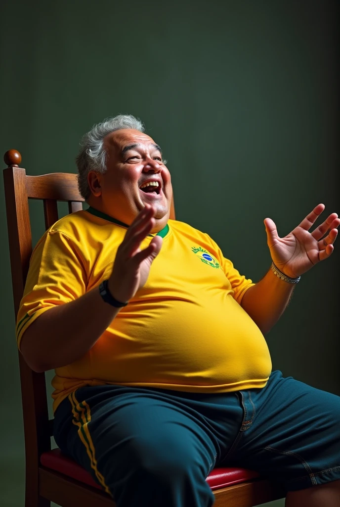 take a picture of a handsome fat Brazilian player in a chair telling a story for the picture