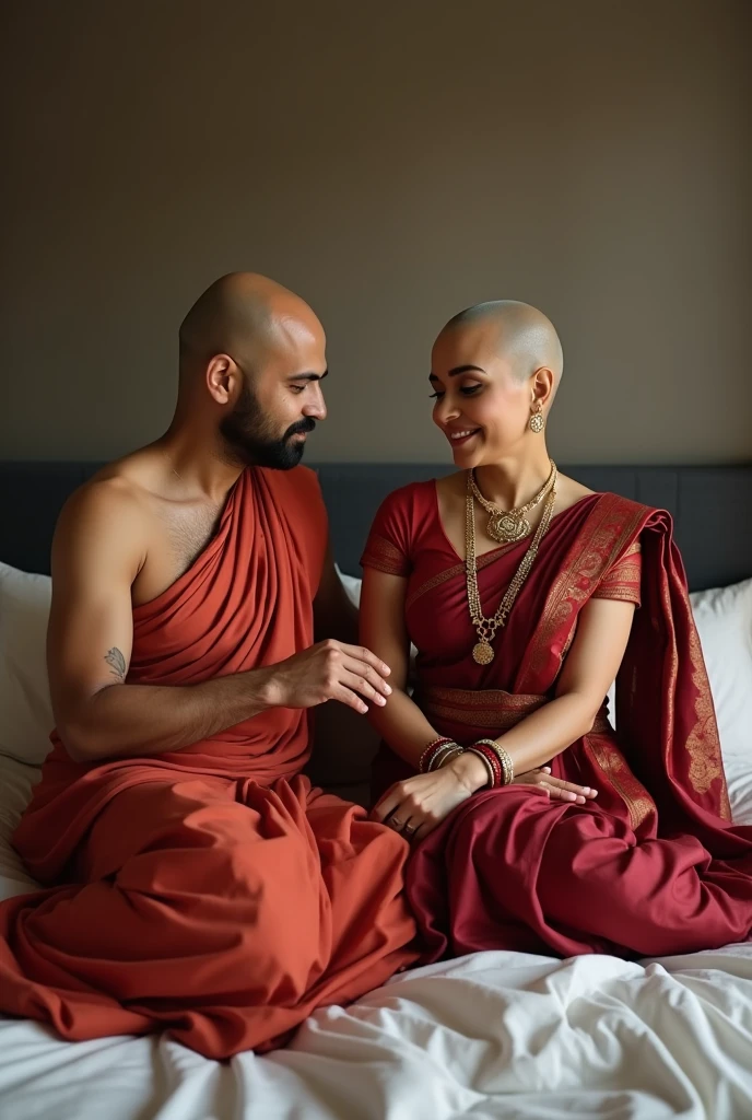 A hot bald head women wearing Indian traditional saree sitting with her husband.on bed and her husband fingerring her pussy