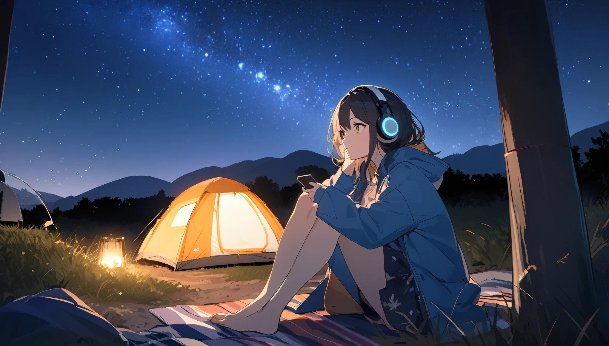 Woman gazing at the stars while camping,Night starry sky,Streetscape、listen to music、Japanese